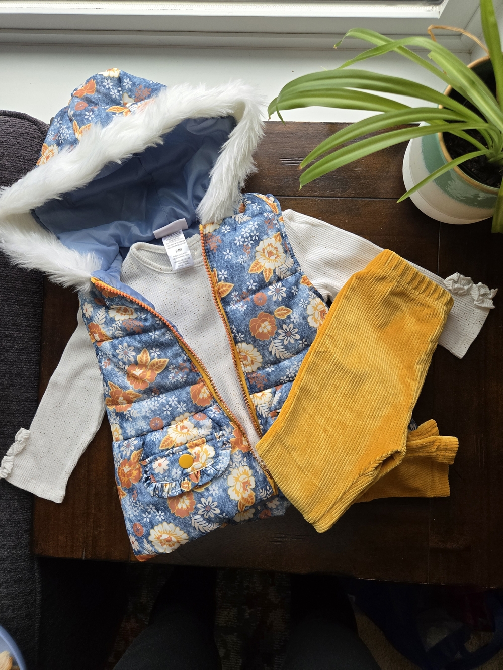 Toddler Girl Matching Set With Puffer Vest, White Sparkly Shirt, Yellow Leggings